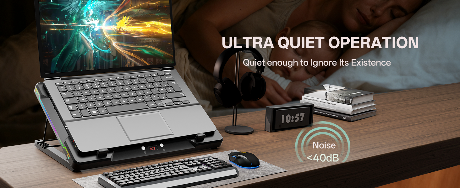 n icon demonstrates the cooling pad&amp;#39;s ultra-quiet fans, providing silent, efficient cooling