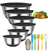 Menbyci 6 Pcs Mixing Bowls with Lids,Stainless Steel Mixing Bowls,Black Non-Slip Bottoms,Includin...