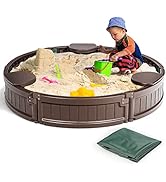 HONEY JOY Sandbox with Cover, 4FT Round Sand Pit for Backyard, 3 Built-in Seating &amp; Bottom Draina...
