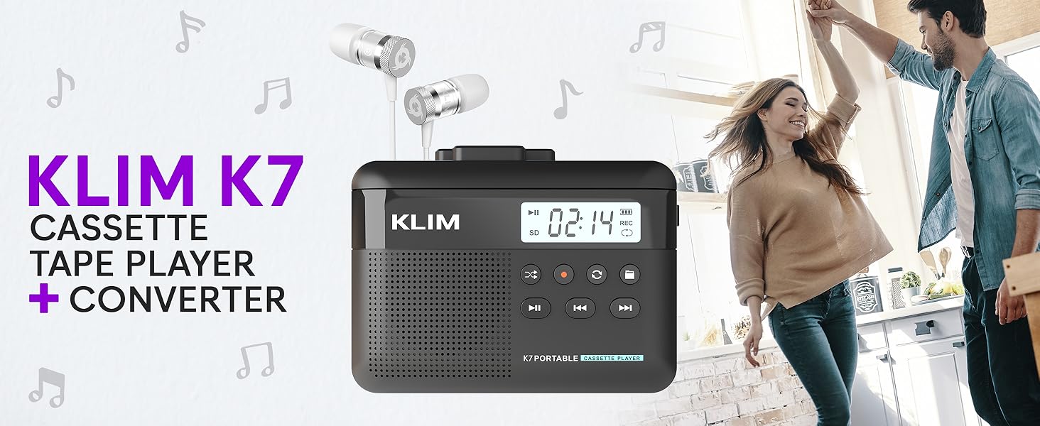 Text reads 'KLIM K7' and 'TAPE PLAYER + CONVERTER'. Product images showing black electronic device with promotional lifestyle photos and music note graphics.