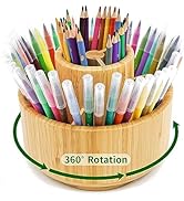 VaeFae Bamboo Pen Holder Organizer, 360° Rotating Art Supply Organizer, Desktop Storage for Marke...