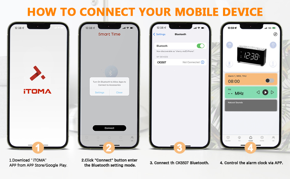 Smartphone screens showing steps to connect a mobile device to Itopia: download app, create account, connect via Bluetooth, and control device settings.