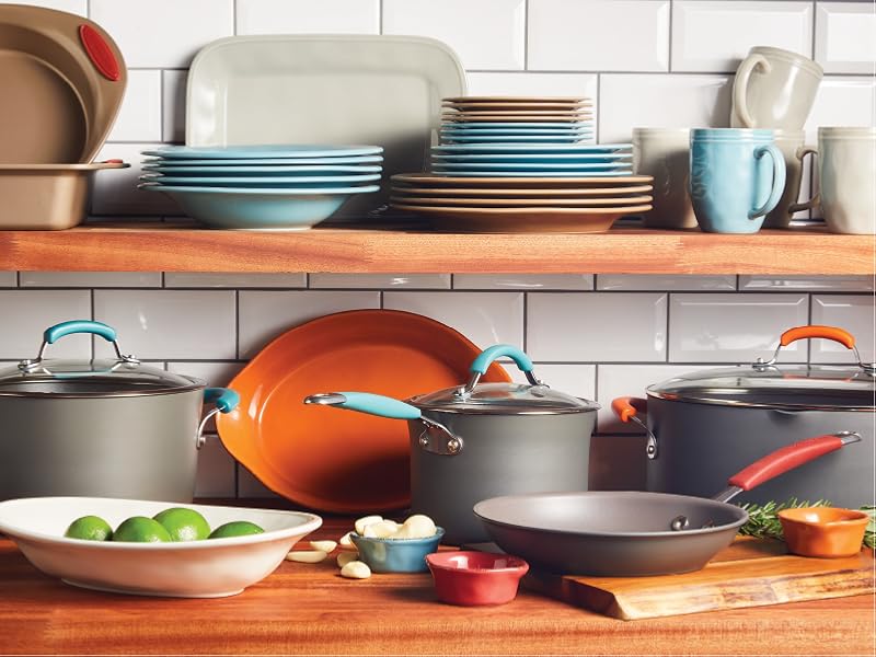 Rachael Ray cookware and dishes on countertop