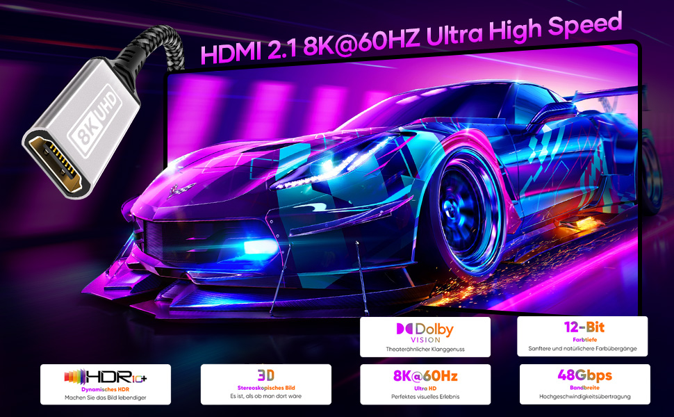 HDMI cable next to TV screen displaying vibrant blue and purple race car image. Graphics show 'HDMI 2.1 8K@60Hz Ultra High Speed' and other technical specifications.