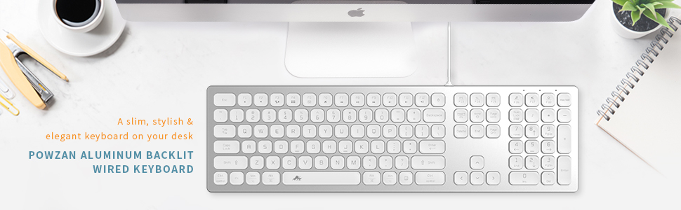 POWZAN aluminum backlit wired keyboard a slim, stylish &amp; elegant keyboard on your desk