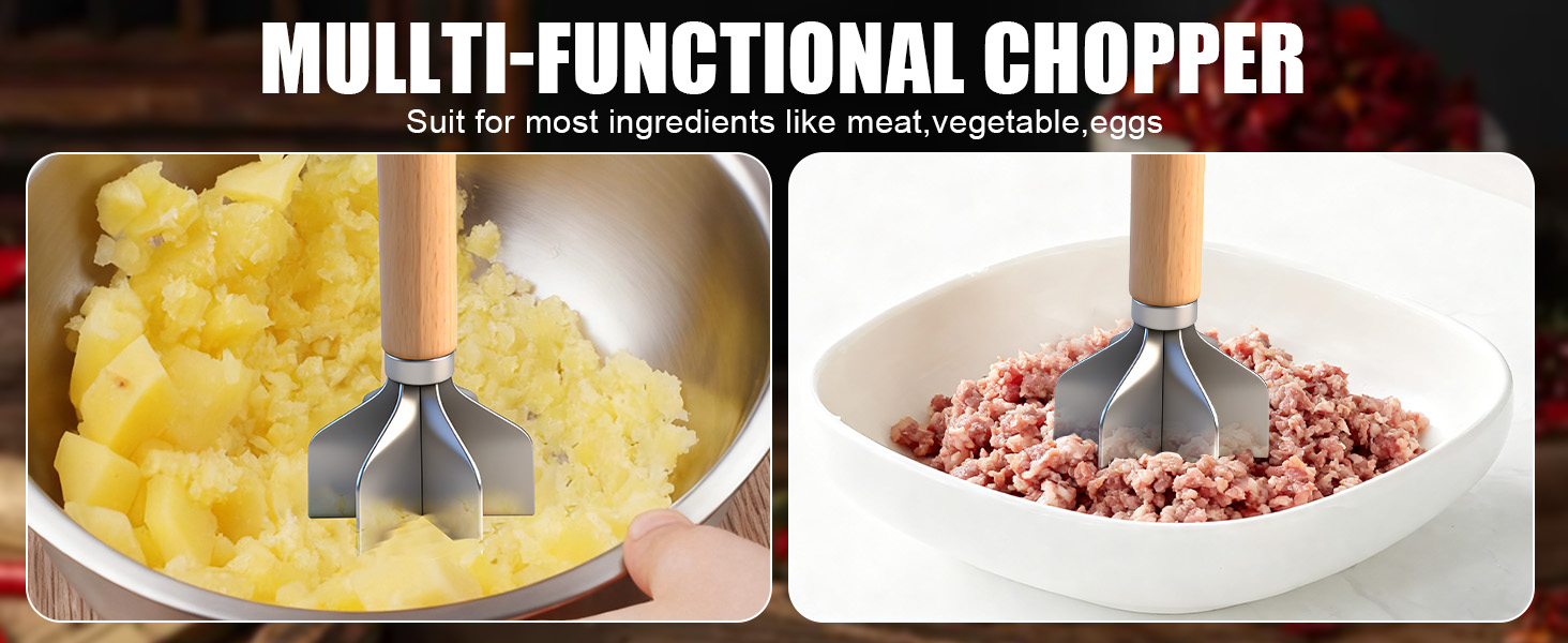 304 Stainless Steel Meat Chopper FoodGrade 6-BladeGround BeefChopper Potato Masher Hamburger Smasher