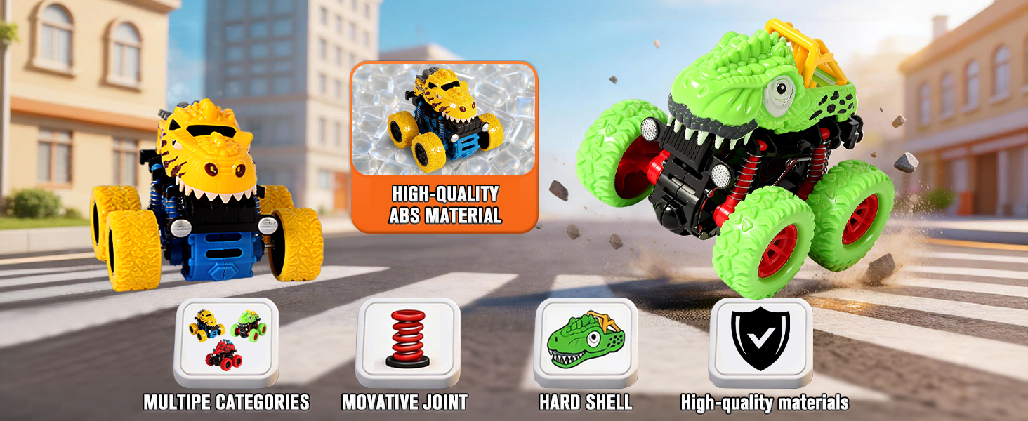 Text reads 'MONSTER CATERPILLAR', 'DEFORMATION', 'HAND SHELL', 'DEFORMATION'. Street scene showing four toy vehicles including yellow caterpillar, orange deforming toy, lime-green wheeled creature, and white shield-marked vehicle.