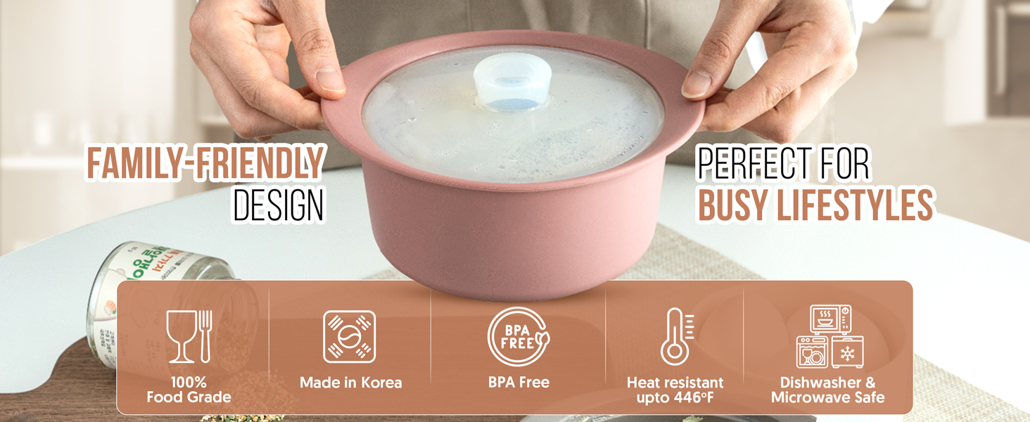 microwave steamer with steam inside, featuring icons for food grade, BPA free, heat resistance