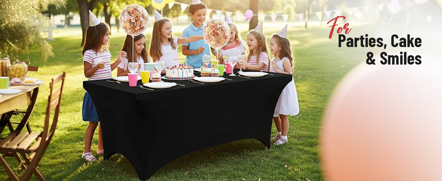 Text reads 'Parties, Cake &amp; Smiles.' Outdoor garden party setup with black tablecloth-covered table, people dining in lawn setting with decorative elements and pale sunset gradient background.
