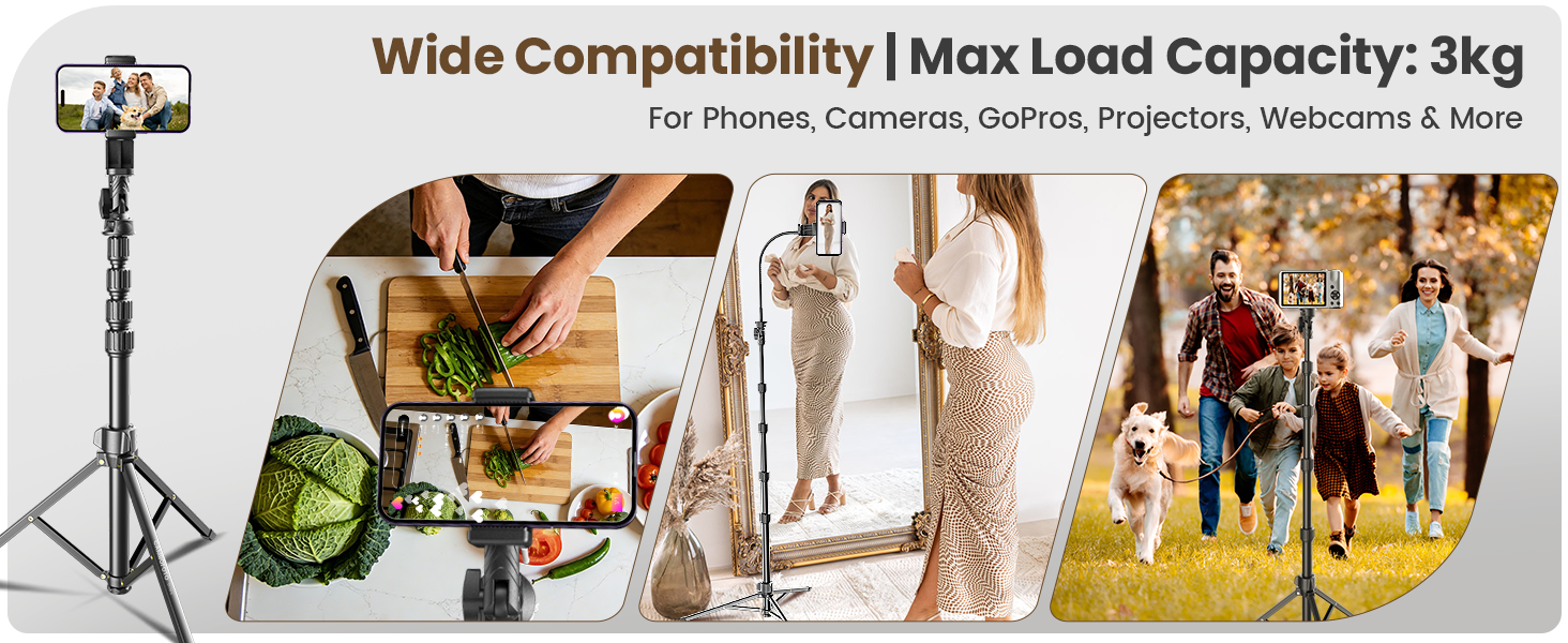 Maximum Load 3kg, Compatible with Smartphones, DSLR Cameras, GoPro, Mini Projectors, and More
