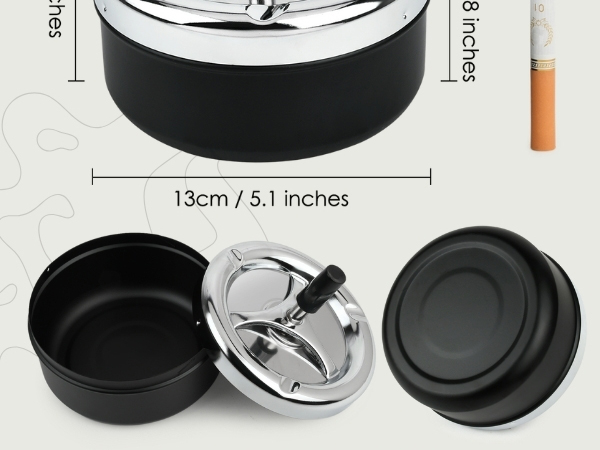 Round Push Down Spinning Metal Ashtray - Black