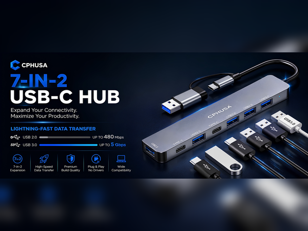 CPHUSA 7-in-2 USB-C Hub with multiple USB ports and high-speed data transfer support.