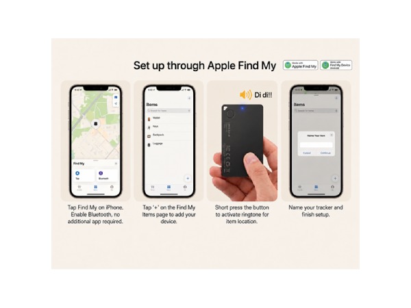 Setup guide for an anti-loss tracker card, showing how to pair it with Apple Find My.