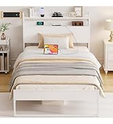Elephance Twin Bed Frames with Charging Station and Storage Headboard, No Box Spring Needed, Nois...