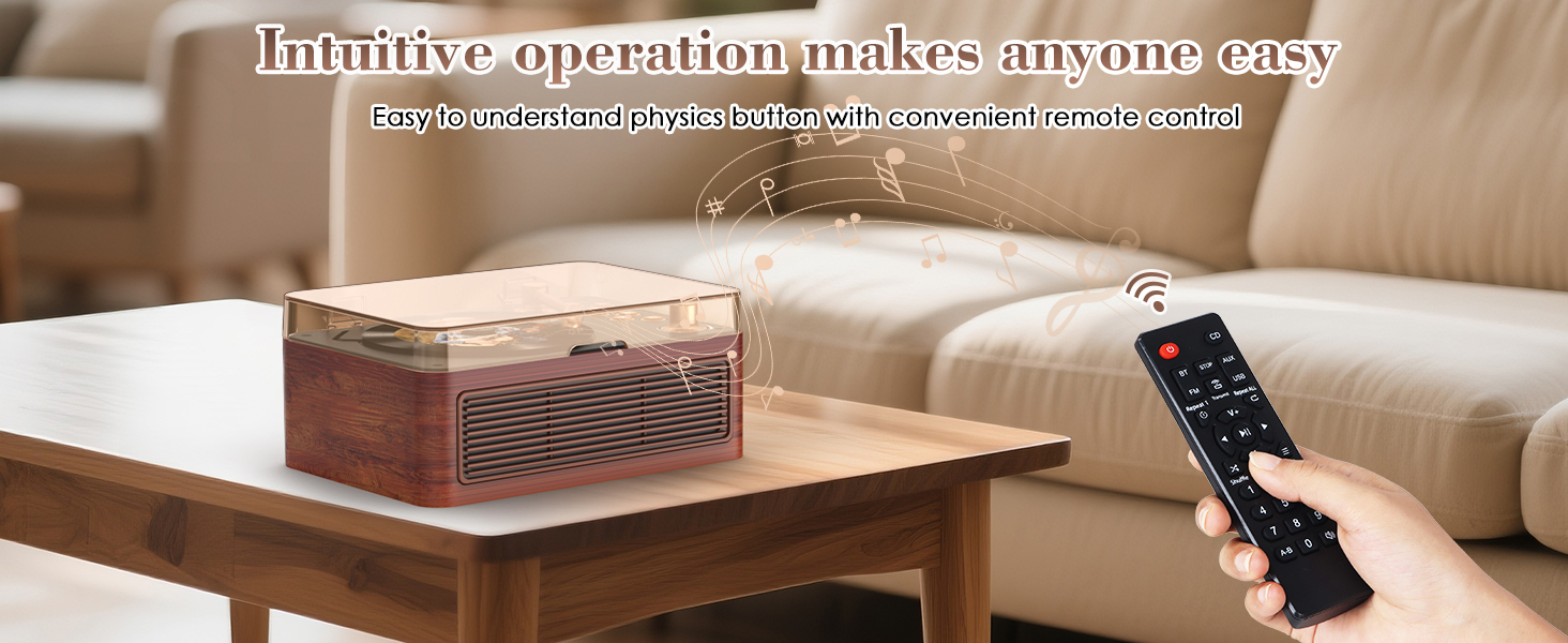 Text reads 'Intuitive operation makes anyone easy'. Image shows hands using a remote control with a device on a wooden surface.