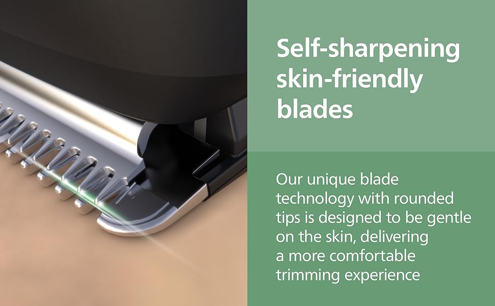 Detail of Philips self-sharpening skin-friendly blades for comfort.