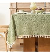 Chorowl Sage Green Boho Crochet Lace Tablecloth Rectangle 60 x 102 Inch | Sage Vintage Floral Han...
