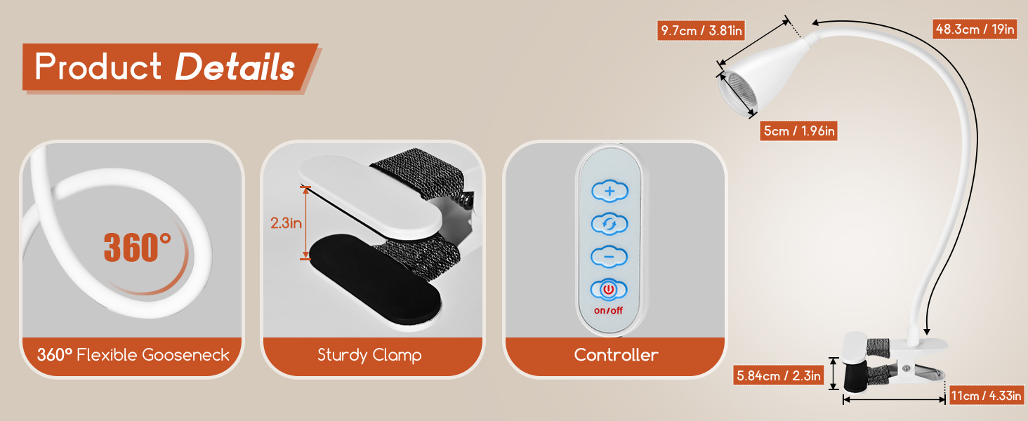 Clip on Light Reading Light for Bed Headboard LED Desk Lamp with Clamp for Bedside Bedroom Table