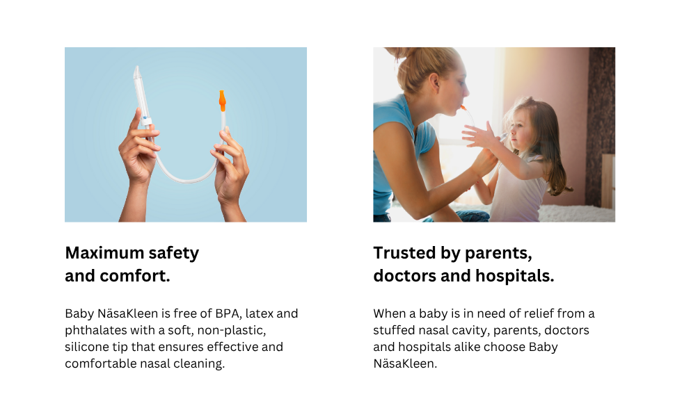 An image of Baby NasaKleen device being held and image of a mother using Baby NasaKleen on a child.
