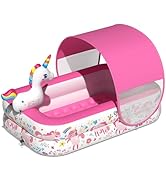 JOSEN Unicorn Kiddie Pool with Canopy and Sprinkler, Inflatable Baby Pool with Soft Cushioned Flo...