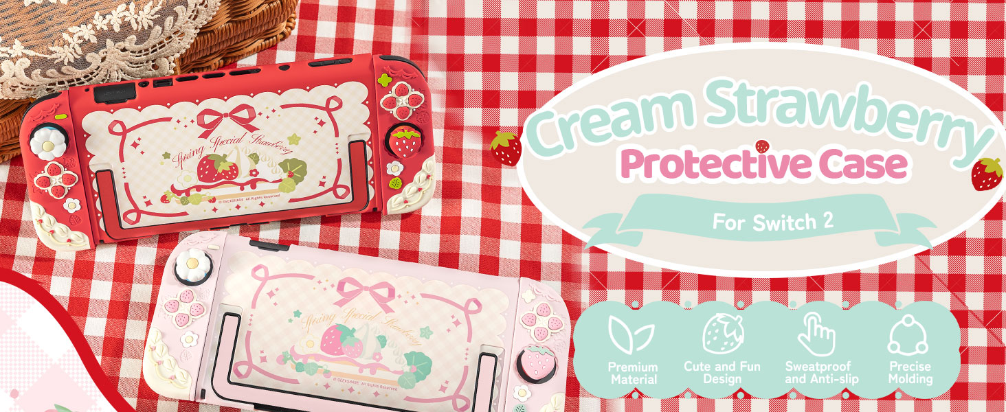Text reads 'Protective Case'. Red and white checkered background with speech bubble designs and product packaging elements.