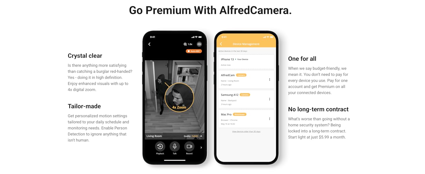 Premium features include 4x zoom, person detection, multi-device use, and no long-term contract.