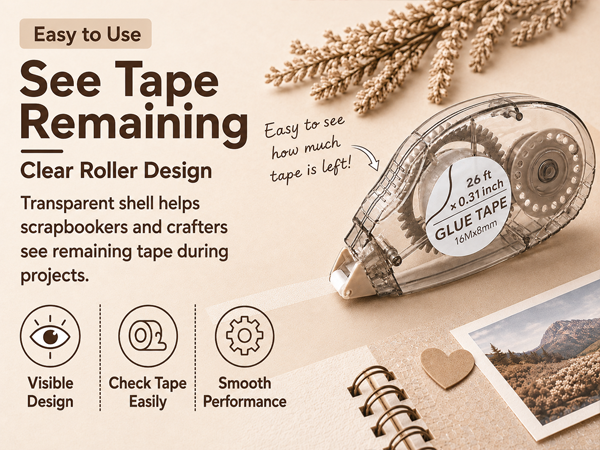 Clear glue tape roller, tape remaining, journals, scrapbook pages