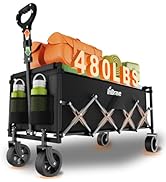 InBrave Extra Long Collapsible Wagon Cart, 480LBS Heavy Duty Utility Wagons with All-Terrain Whee...