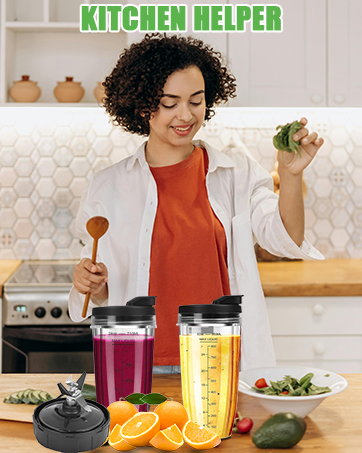 Blender cups with colorful smoothies, wooden spoon, and fresh fruits on kitchen counter. Text 'KITCHEN HELPER' visible above.