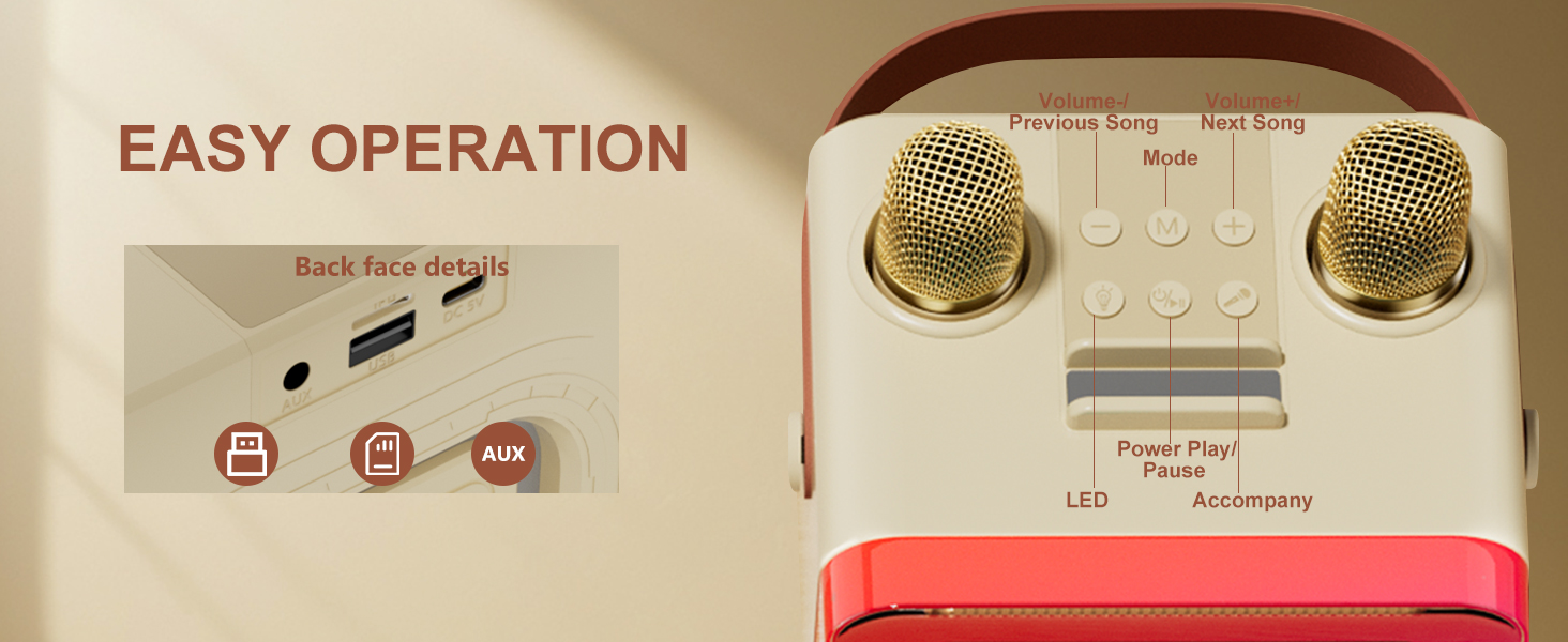Karaoke Machine is very easy operation ,and supports AUX, TF card and USB