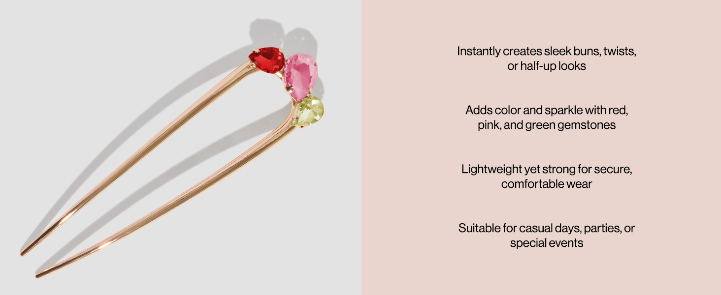 Kitsch Metal Gemstone French Hair Pin - Red, Pink &amp;amp; Green