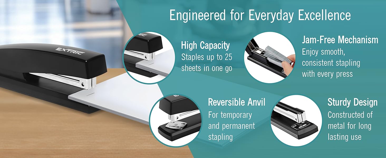 Heavy Duty Staplers for Desk, Jam Free Black Stapler with High Capacity, and Reversible Anvil