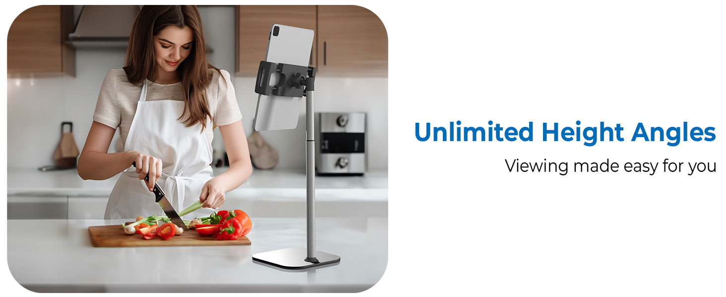 Adjustable iPad stand for kitchen, versatile tablet stand and secure tablet holder for cooking