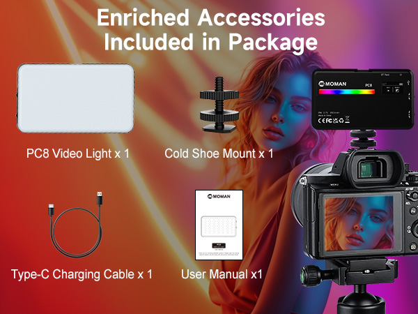 Camera accessories package including PCB video light, cold shoe mount, Type-C charging cable, and user manual. Digital camera with flip screen shown.