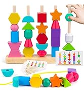 Montessori Wooden Beads Sequencing Toy Set, Stacking Blocks &amp; Lacing Beads &amp; Matching Shape Stack...