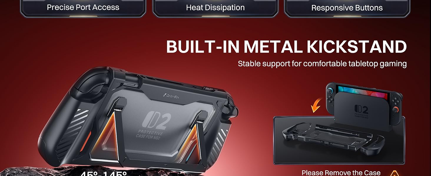 Switch 2 protective case with adjustable metal kickstand for tabletop play.