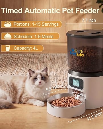 Automatic Cat Feeders 4L Timed Cat Dry Food Dispenser Dual Power Supply Programmable Portion
