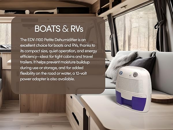 Eva-Dry EDV-1100 Petite Dehumidifier inside a compact RV or boat cabin, perfect in tight spaces