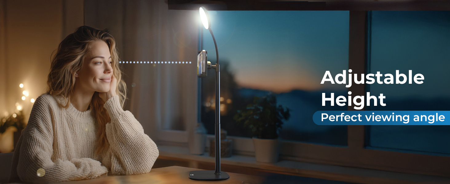 Adjustable phone ring light for desk setup, phone tripod with light for video calls or vlogging.