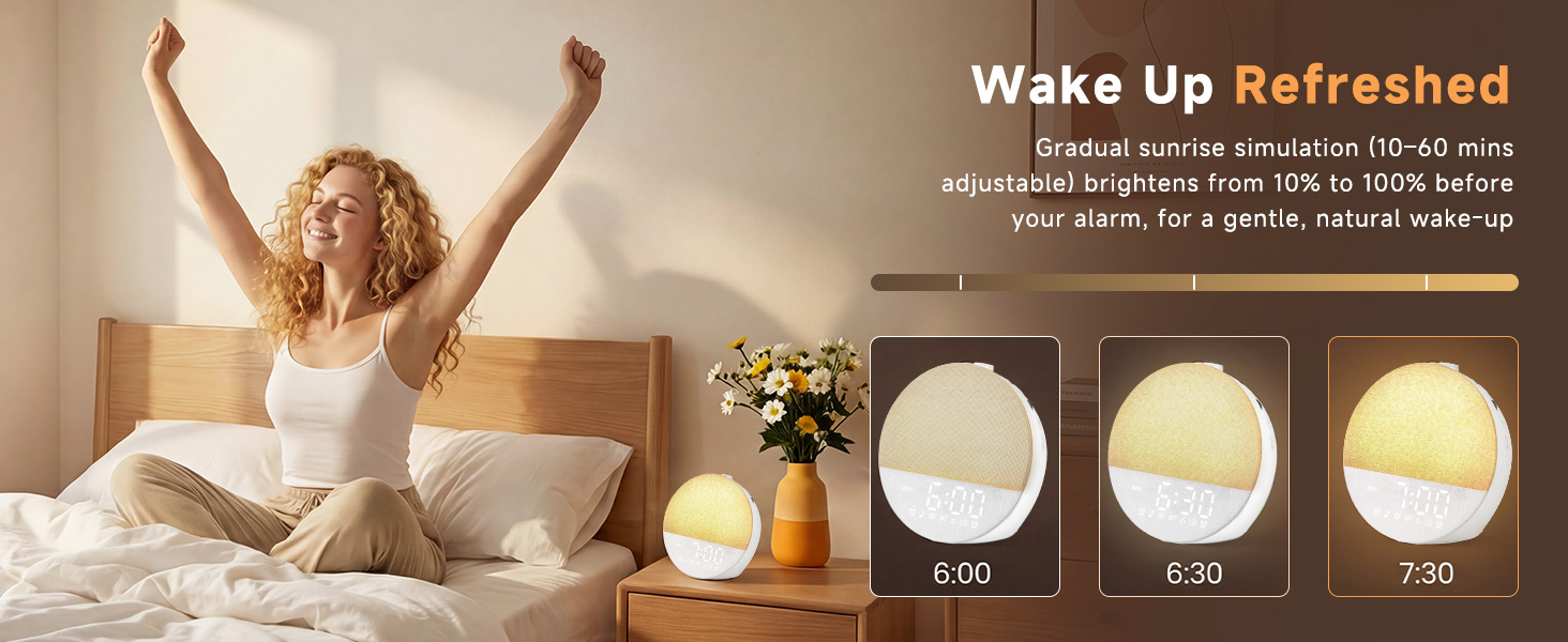 Gradual sunrise simulation (10-60 min) brightens from 10% to 100% before your alarm