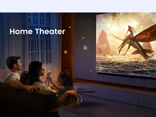 Home theater setup showing people watching an action movie on large screen in dimly lit room.