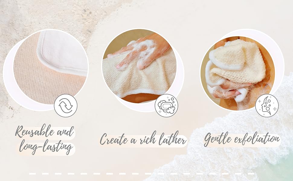 Three images in circles showing using the wash cloth on different parts of the body