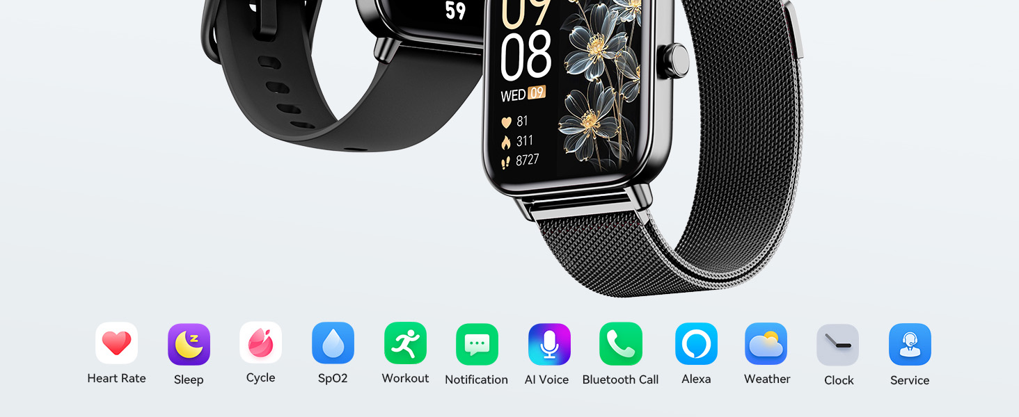 smart watch with 2 bands (Black silicone strap and black stainless steel strap)