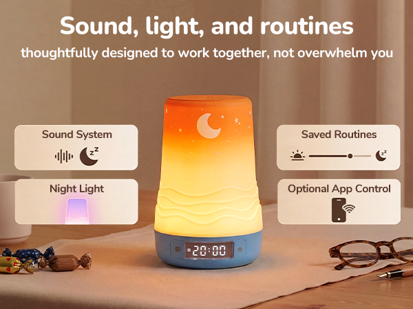 Your Sound + Light Sleep System 100 sounds, 360° light, and guided routines in one device