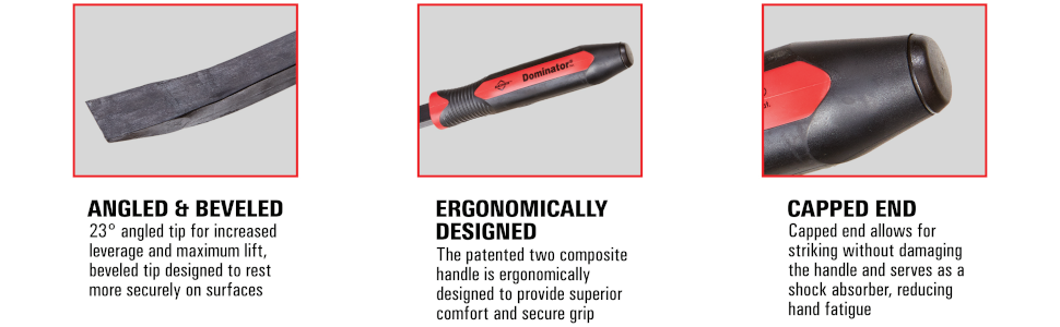 Mayhew 14063 Dominator Pro Curved Pry Bar Set features: angled and beveled, ergonomic, capped end