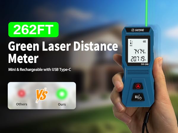 Green laser distance meter, USB-C rechargeable, 262FT measurement.