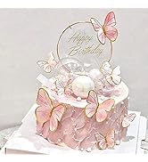 Hazyore Pink Butterfly Cake Toppers, 11pcs Cupcake Toppers Happy Birthday Metal Gold Topper for G...