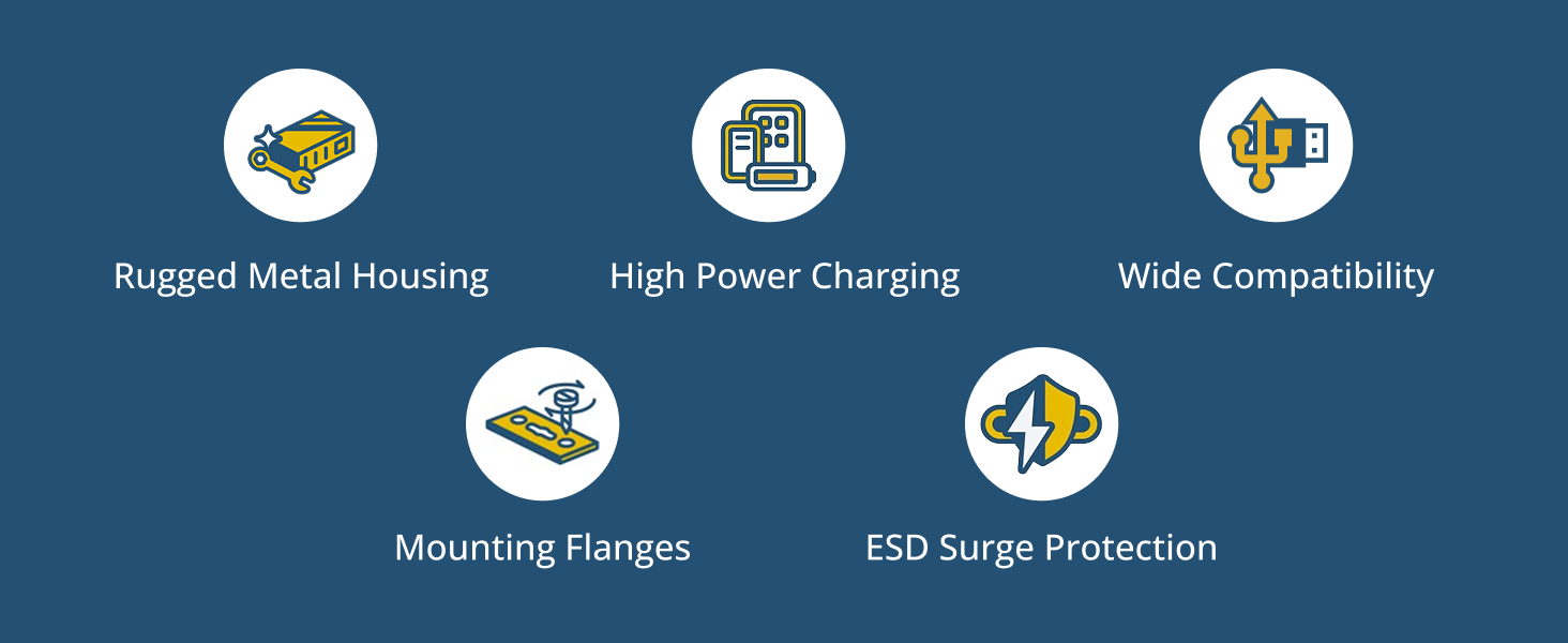 Rugged metal USB charging hub with dual ports for high power and wide device compatibility