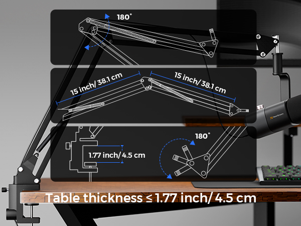 Diagram of an adjustable monitor arm with measurements, showing 180-degree rotation and extension capabilities. Compatible with tables up to 1.77 inches thick.