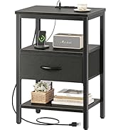 SUPERJARE Nightstand with Charging Station, Bed Side Table with Adjustable Fabric Drawer, Night S...